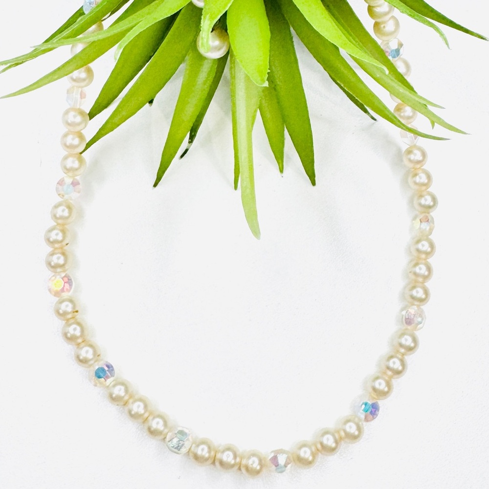 Vintage 60’s Marvella Cream Faux Pearl and Aurora Borealis Beaded Necklace, 16"